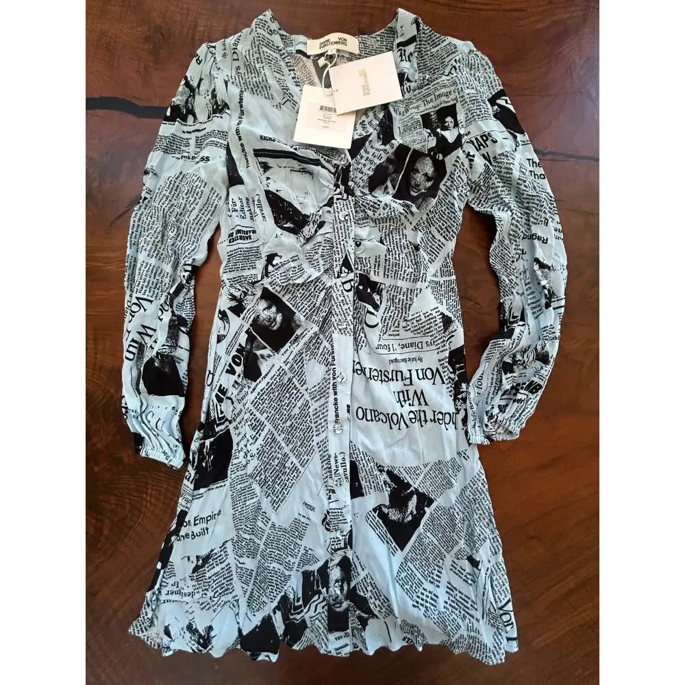NWT Diane von Furstenberg Calico Newspaper Daydream Mini Dress Size 0 Blue